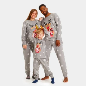 Pijama de Navidad para Familia Gris Reno Rodolfo Algodón Orgánico