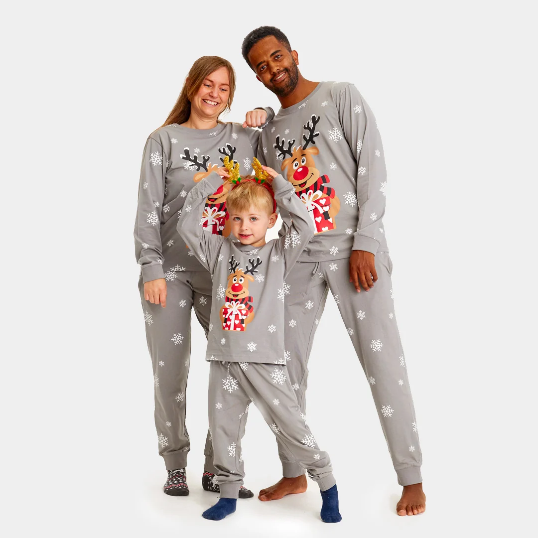 Pijama de Navidad para Familia Gris Reno Rodolfo Algodón Orgánico - Imagen 2