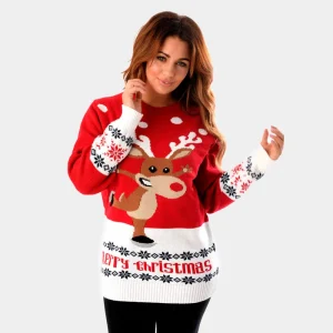 Jersey de Navidad Parejas con Reno Patinando Rojo