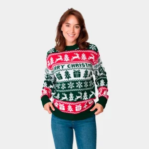 Jersey de Navidad para Mujer Verde Rojo y Blanco Merry Christmas