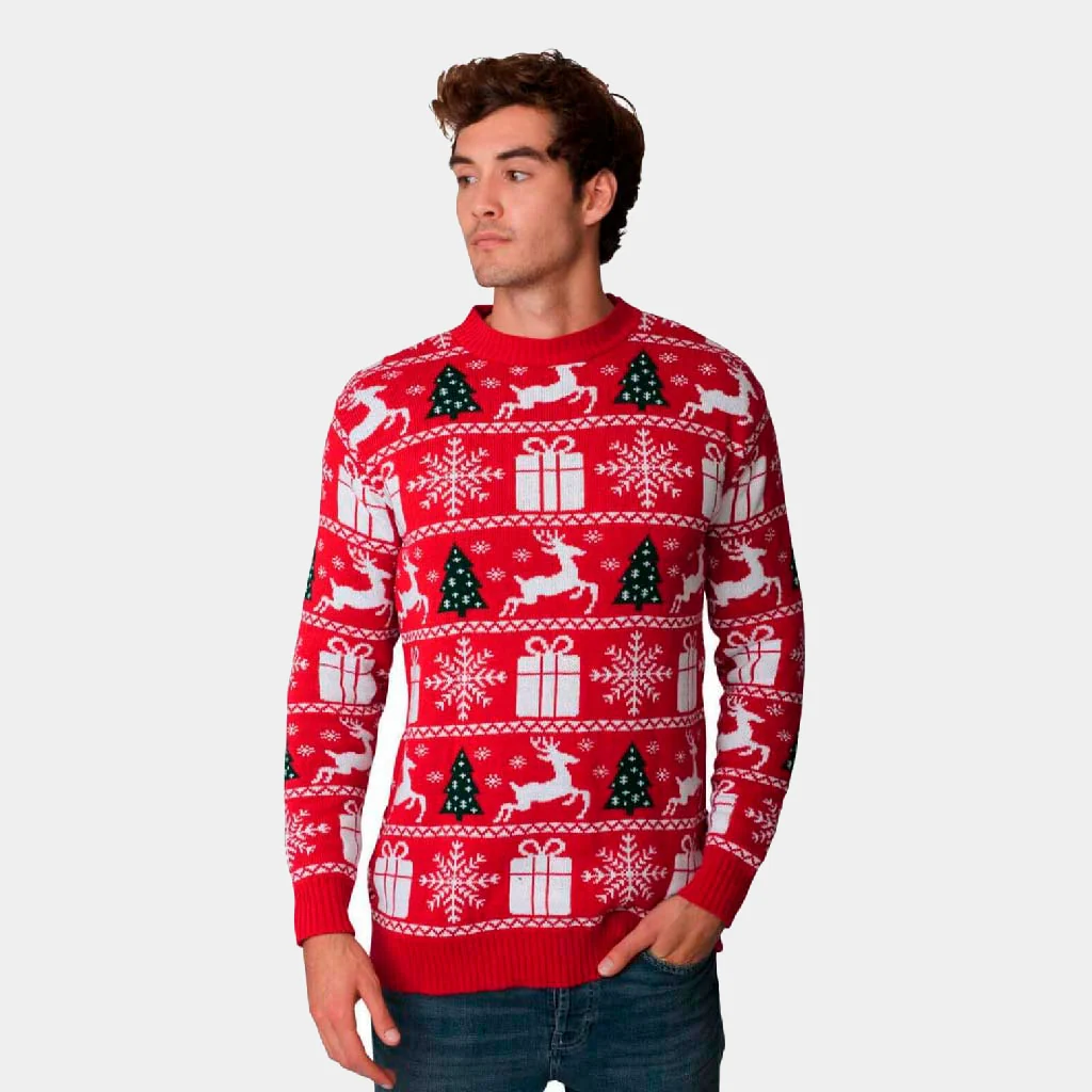 Jersey de Navidad para Hombre Rojo con Renos Árboles y Regalos Navideños - Imagen 2