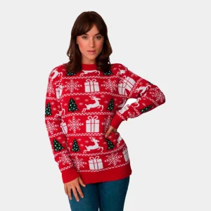 Jersey de Navidad para Mujer Rojo con Renos Árboles y Regalos Navideños