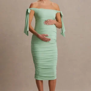 Chandelier | Vestido Midi premamá en verde Claro con Escote Bardot y Detalles de Lazo