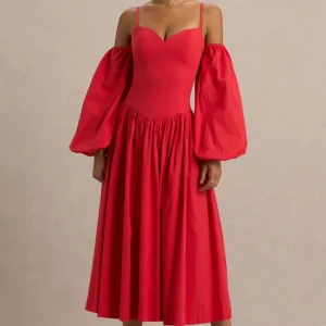 Macie | Vestido Midi Rojo con Escote en Corazón y Mangas Abullonadas