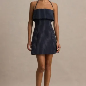 Ember | Vestido Corto Azul Marino de Rayas con Escote Cuadrado