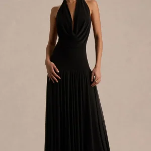 Verity | Vestido largo negro de cuello en V profundo con falda transparente