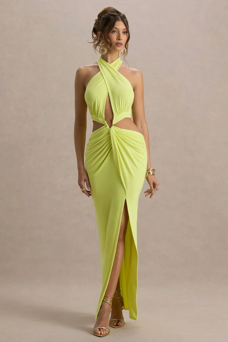 Aura | Vestido largo en Verde Lima con Escote Halter y detalles de aberturas - Imagen 5