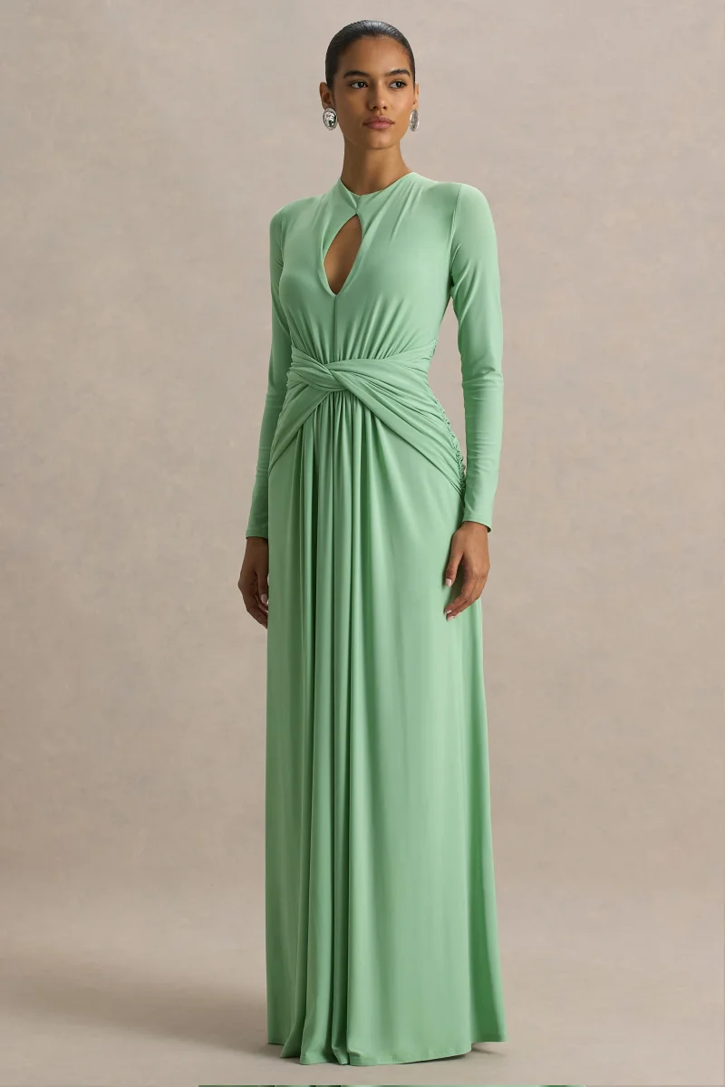 With Me | Vestido largo verde de cuello alto con frunces y aberturas - Imagen 4