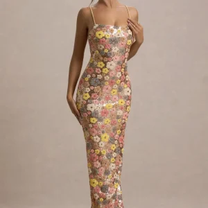 Vitora | Vestido largo con estampado floral en tonos pastel lentejuelas y escote cuadrado
