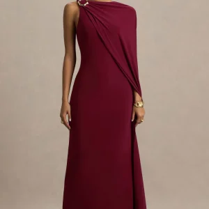 Cressida | Vestido Largo burdeos con escote asimétrico y manga capa