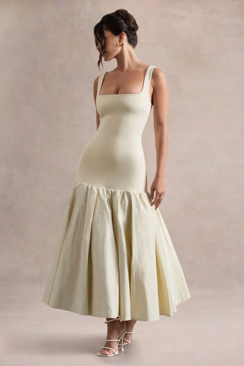 Parida | Vestido midi de popelina en crema con cintura caída y dobladillo con volante - Imagen 7