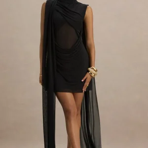 Riad | Vestido corto negro de gasa con cuerpo transparente y capa de mangas dobles.