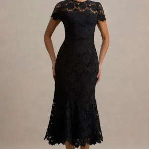Clarissa | Vestido midi de encaje negro con mangas corrtas