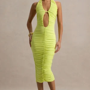 Anaisa | Vestido midi verde lima con escote halter profundo
