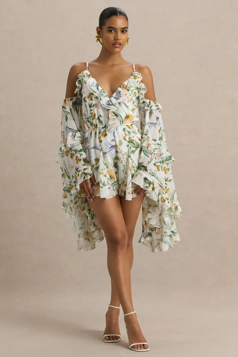 Anaya | Mono Corto De Gasa Con Estampado Floral En Color Limón Y Mangas Largas - Imagen 5