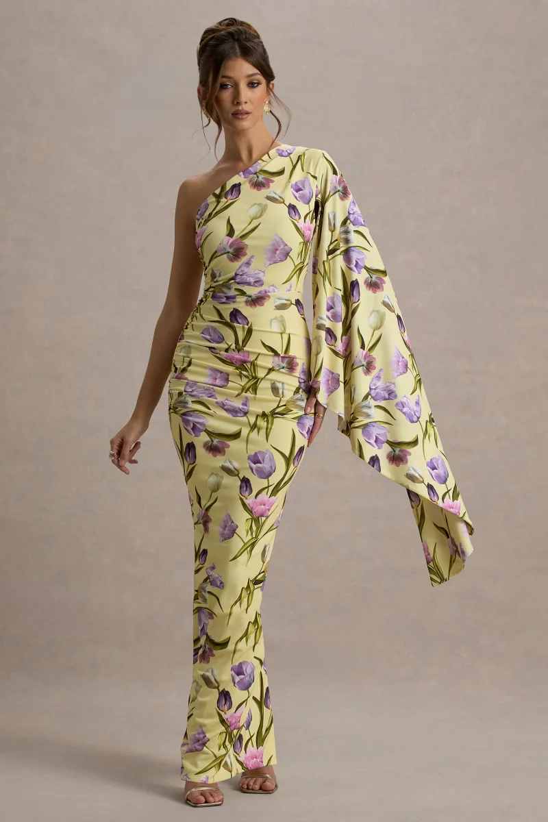 Clementina | Vestido largo con estampado floral y manga larga y drapeada - Imagen 5
