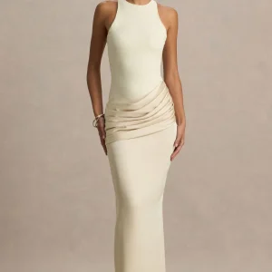 Akari | Vestido Largo Crema de Cuello Redondo con Falda de Satén