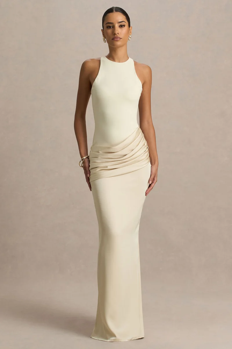 Akari | Vestido Largo Crema de Cuello Redondo con Falda de Satén