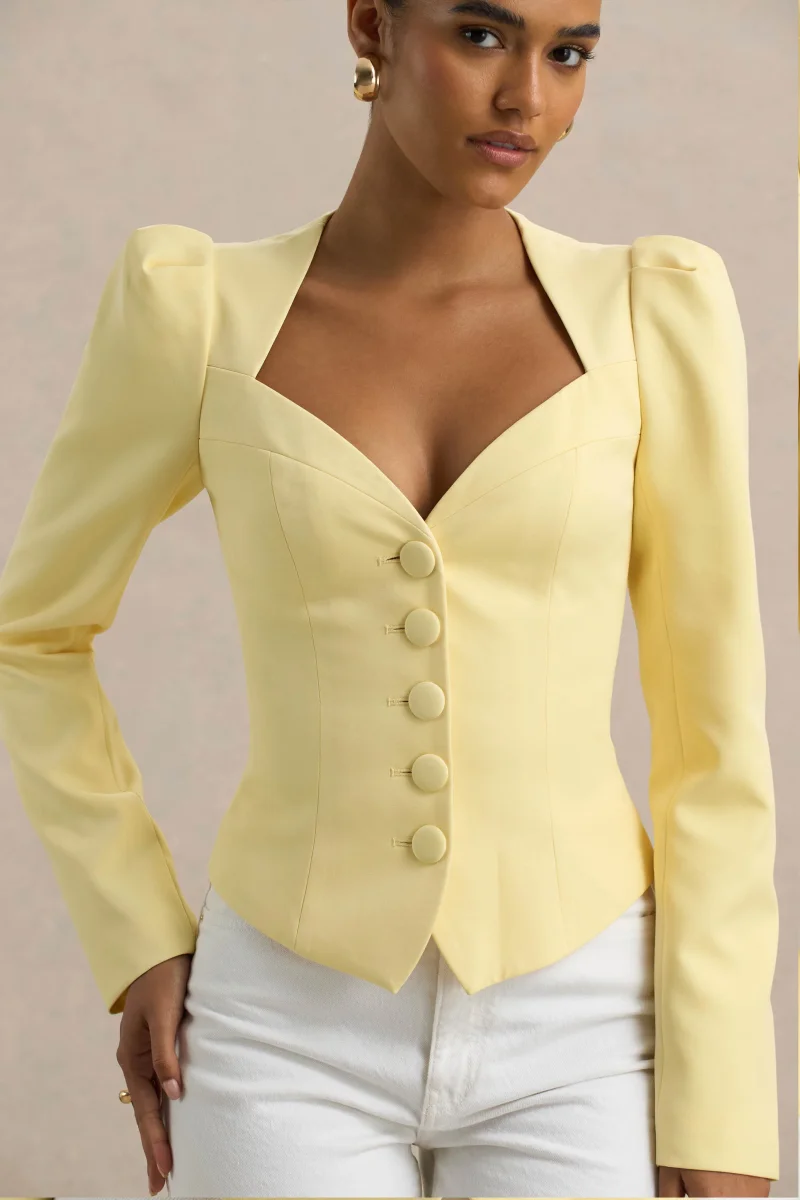 Olympia | Top de manga larga amarillo con escote corazón y detalle de botones forrados - Imagen 7