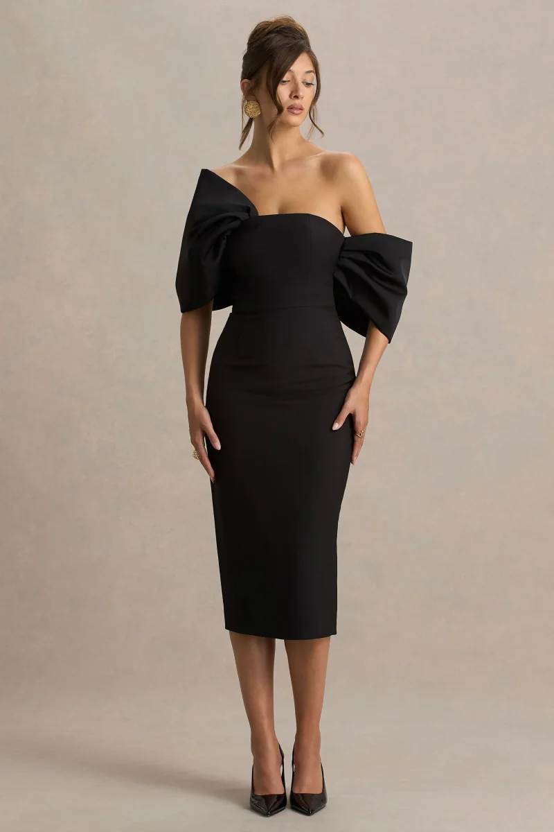 Lucille | Vestido midi negro con escote bardot asimétrico - Imagen 5