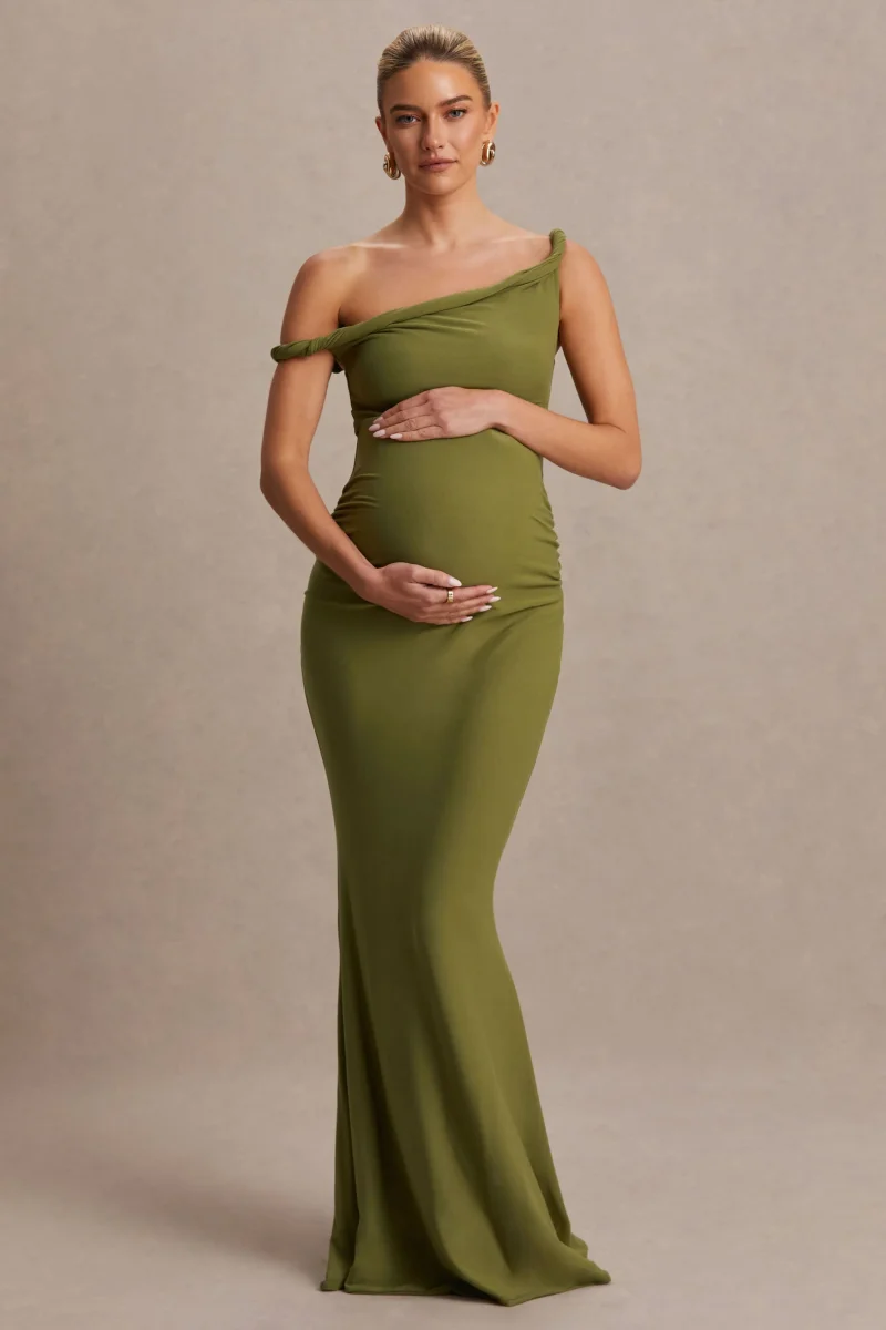Lita | Vestido Largo premamá color oliva con escote asimétrico retorcido - Imagen 5