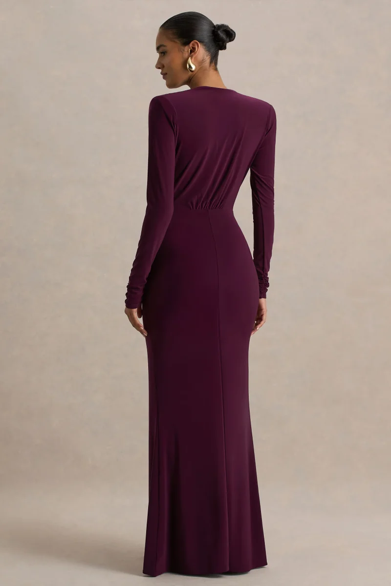 Flashy | Vestido Largo burdeos con escote pronunciado y detalles fruncidos - Imagen 3