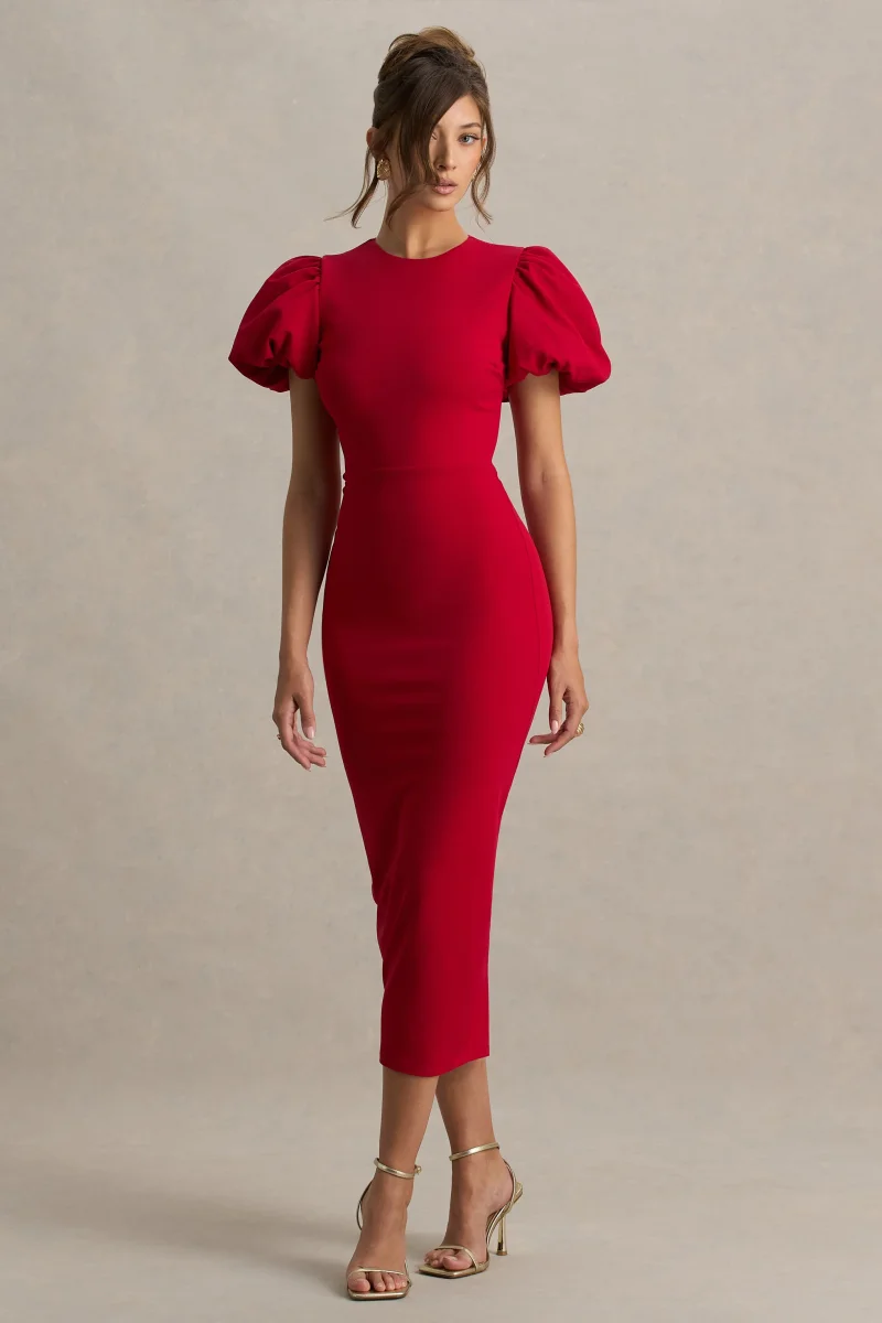 Dakota | Vestido midi rojo con mangas abullonadas - Imagen 4