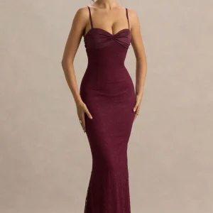 Juana | Vestido Largo de Encaje y Satén Burdeos con Escote Corazón