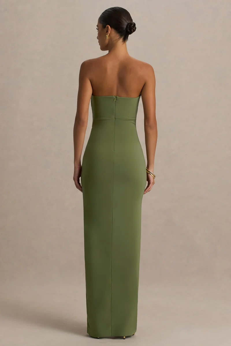 Laviza | Vestido largo oliva sin tirantes con abertura y efecto cruzado - Imagen 3