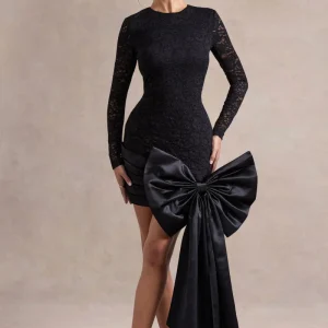 Evry | Vestido corto de encaje negro con mangas largas y lazo grande de satén