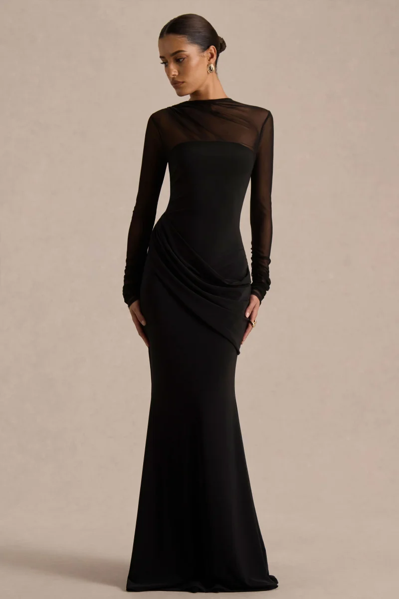 Deema | Vestido Largo Negro de Jersey y Malla con Cuello Alto - Imagen 5