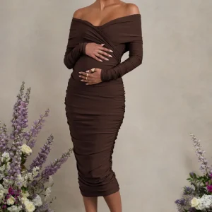 Davina | Vestido Midi de Maternidad Marrón con Escote Bardot y Fruncidos