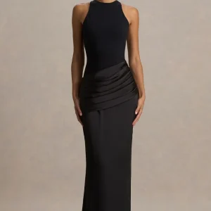 Akari | Vestido Largo Negro de Cuello Redondo con Falda de Satén