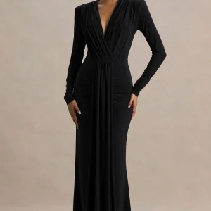 Flashy | Vestido Largo negro con escote pronunciado y detalles fruncidos