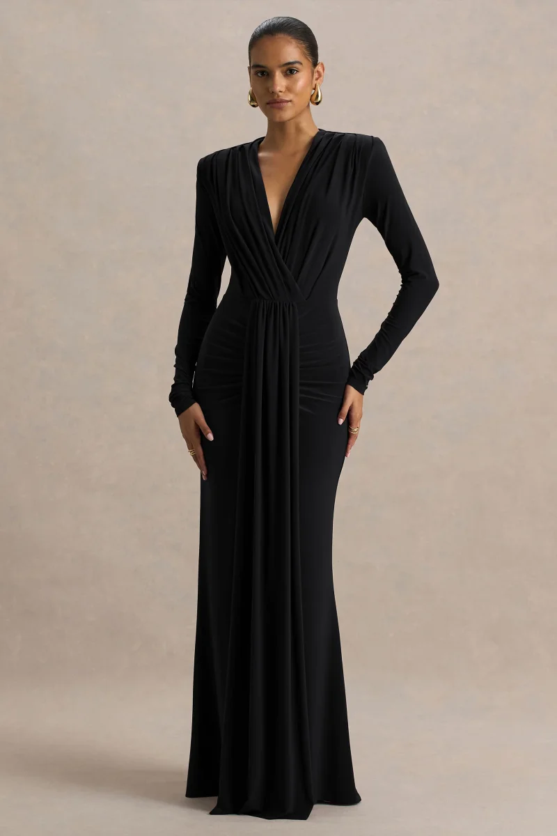 Flashy | Vestido Largo negro con escote pronunciado y detalles fruncidos - Imagen 2