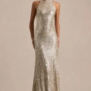 Tulia | Vestido Largo Champán de Lentejuelas con Escote Alto