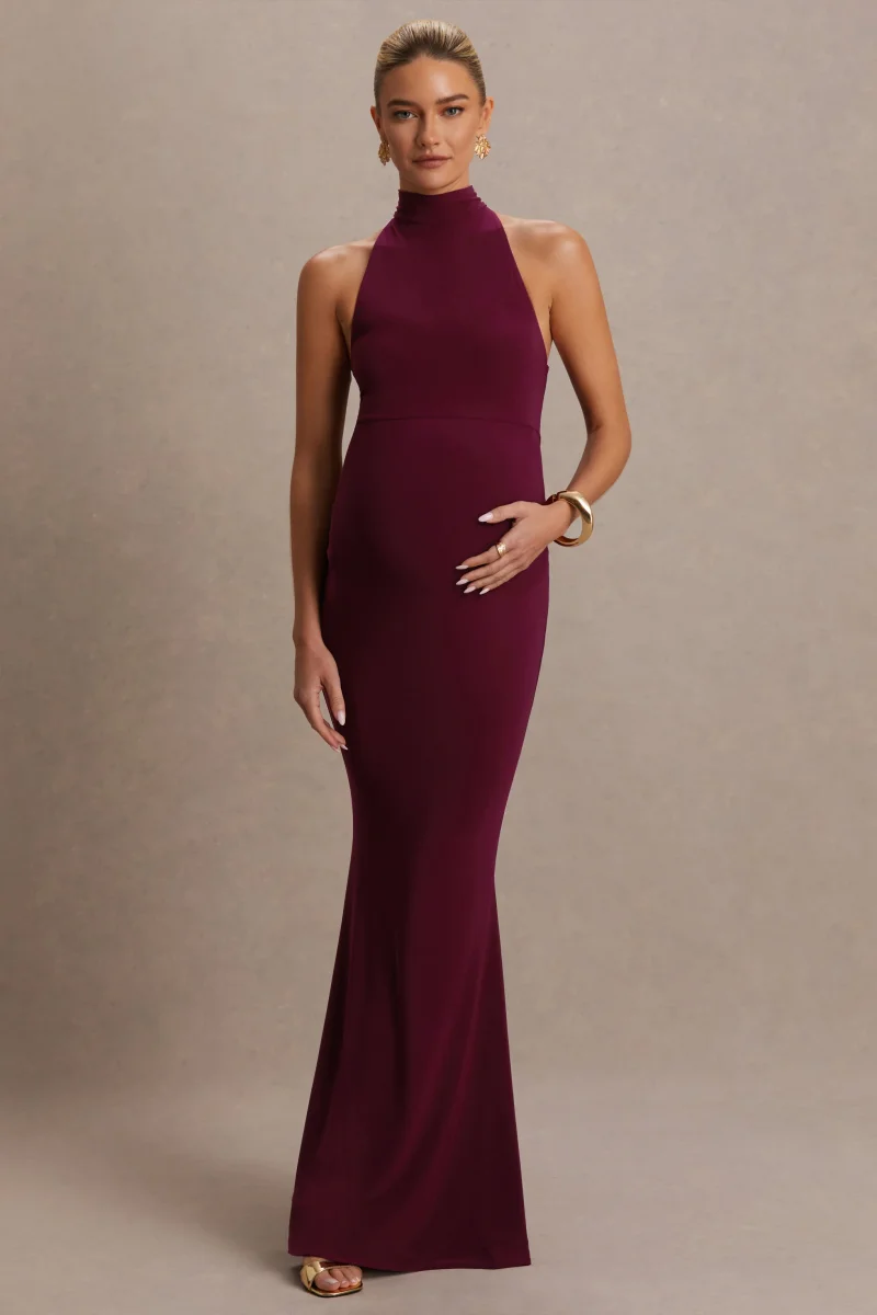 Kaia | Vestido Premamá Burdeos con Escote Halter - Imagen 5
