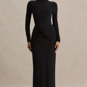 Alula | Vestido Largo Negro con Escote Alto y Detalle de Nudo