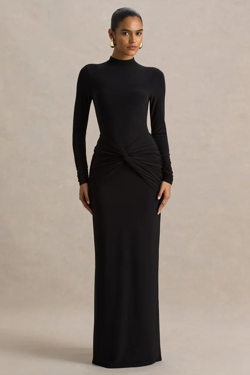 Alula | Vestido Largo Negro con Escote Alto y Detalle de Nudo
