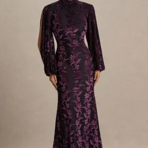 Janet | Vestido Largo devoré negro y morado de cuello alto con detalles calados