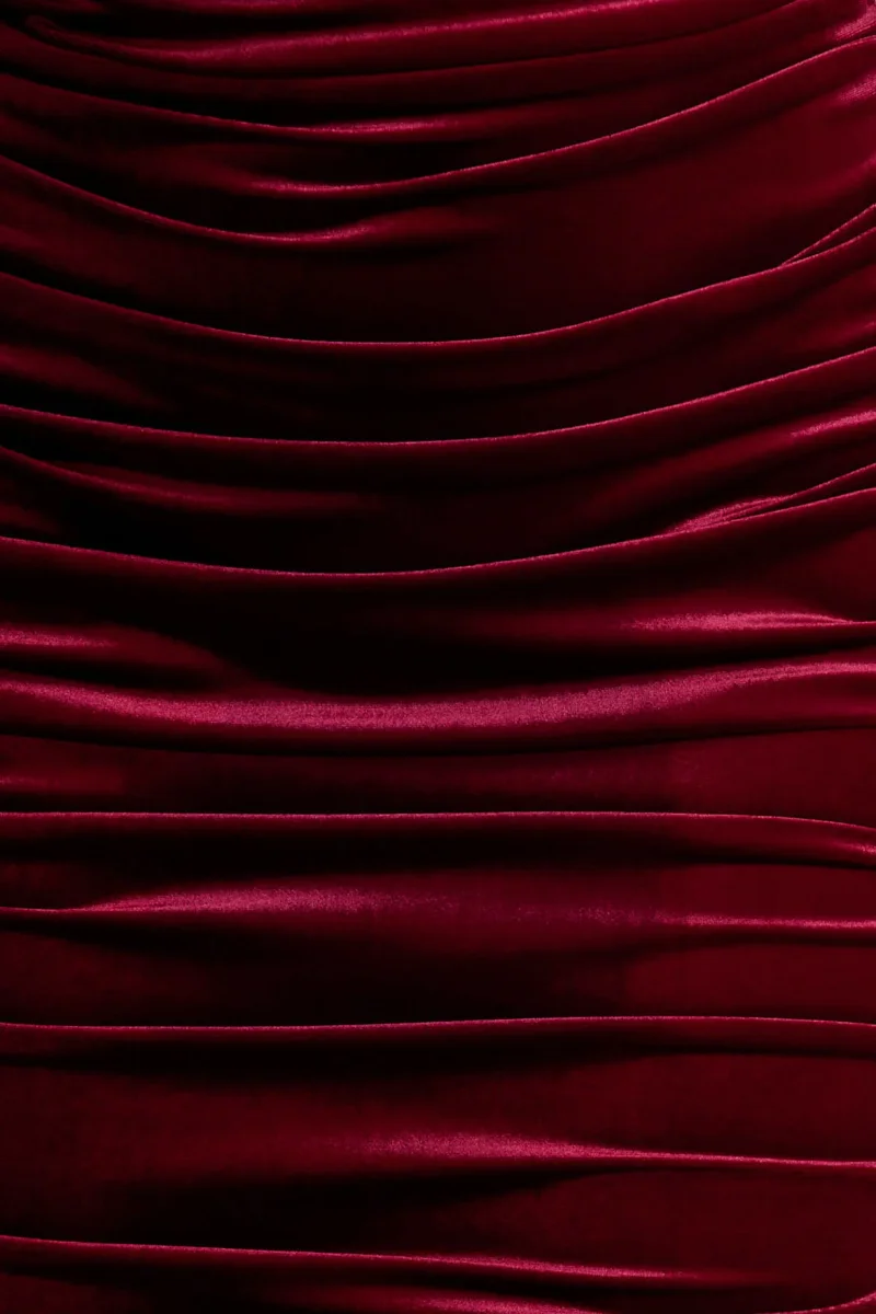 Apolline | Vestido largo de terciopelo burdeos fruncido y escote bardot - Imagen 8
