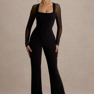 On Track | Mono negro de pierna acampanada con mangas transparentes