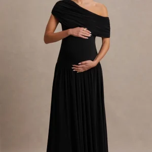 Noah | Vestido Largo Negro con Escote Asimétrico y Cintura Caída