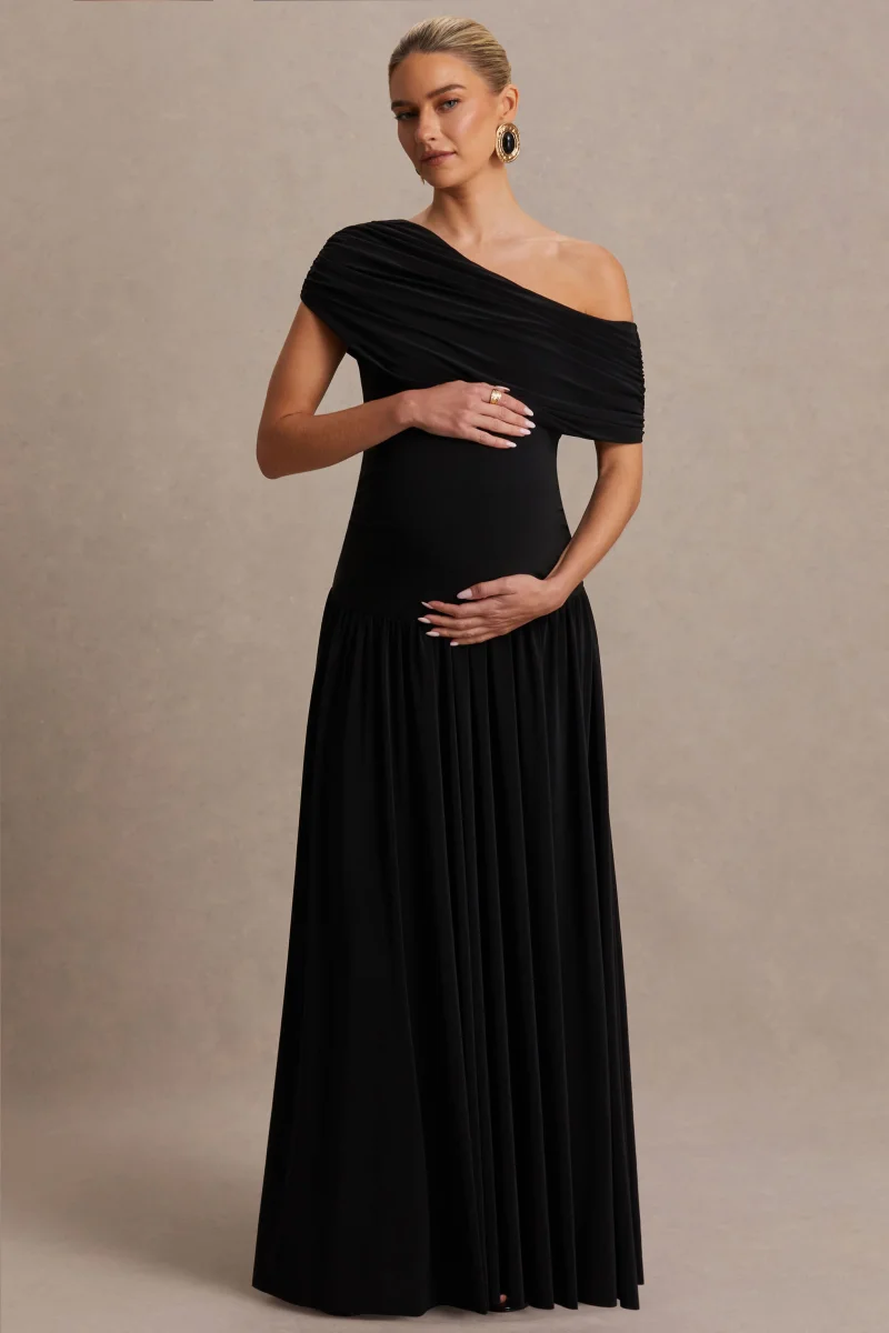 Noah | Vestido Largo Negro con Escote Asimétrico y Cintura Caída