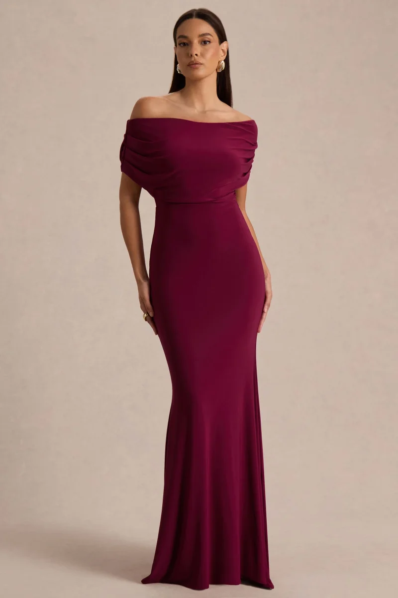 Bowden | Vestido Largo Berry con Escote Bardot - Imagen 2