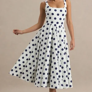 Berta | Vestido midi con escote cuadrado y falda volumen de lunares azul marino