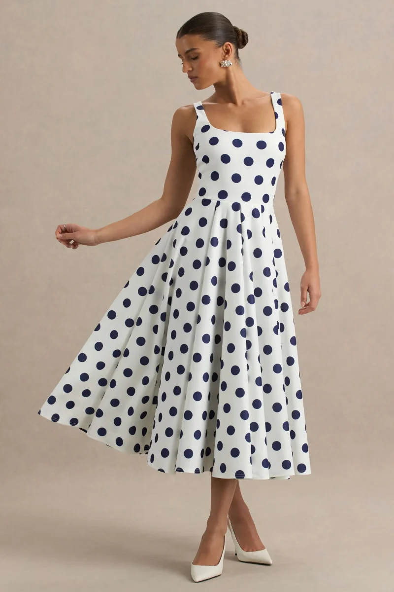 Berta | Vestido midi con escote cuadrado y falda volumen de lunares azul marino