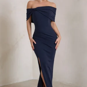Eva | Vestido Largo Bardot Azul Marino con Lazo y Abertura en el Muslo