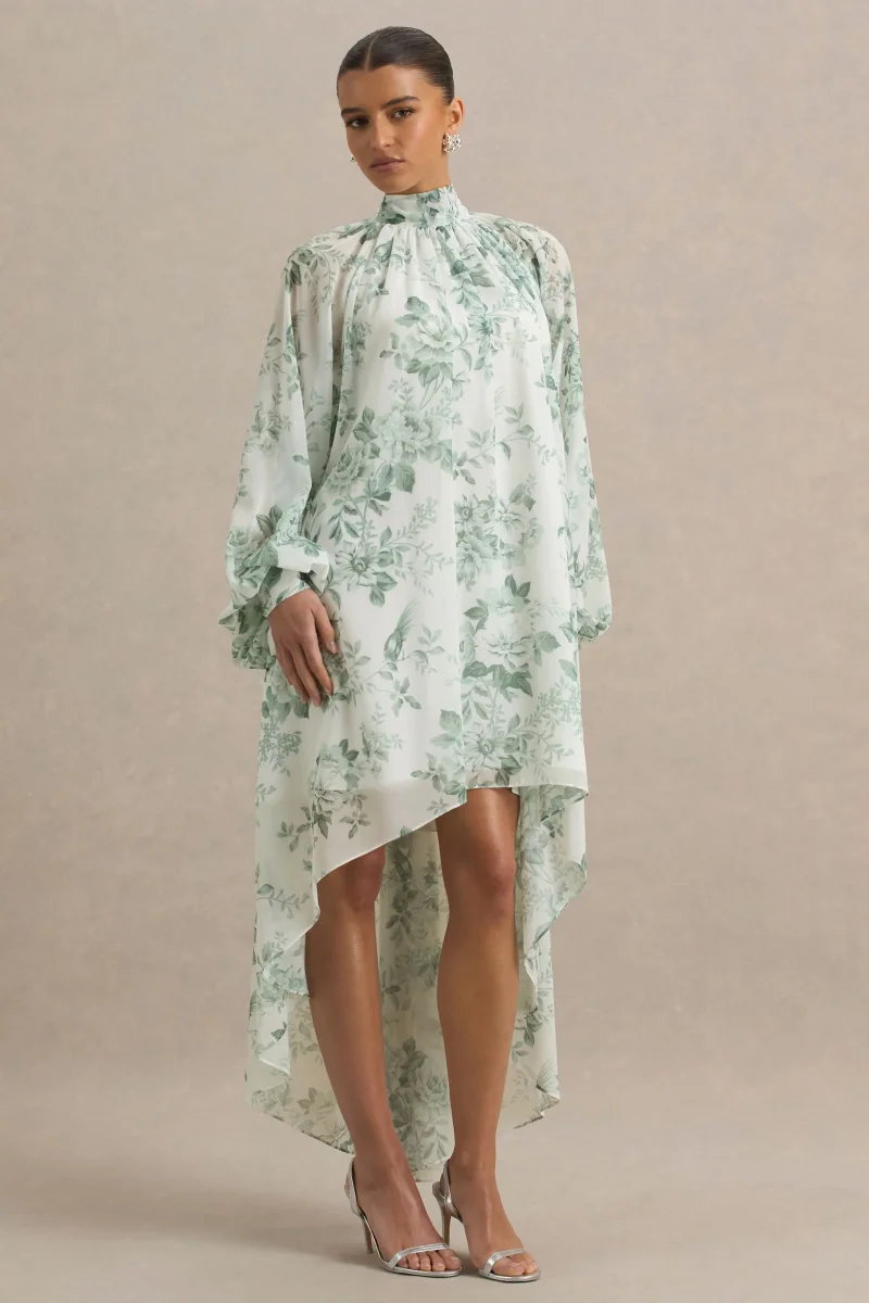 Delphia | Vestido Largo de Chiffón y Estampado Floral Verde - Imagen 4
