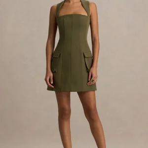 Mollie | Vestido Corto Micro Ajustado Caqui con Escote Cuadrado